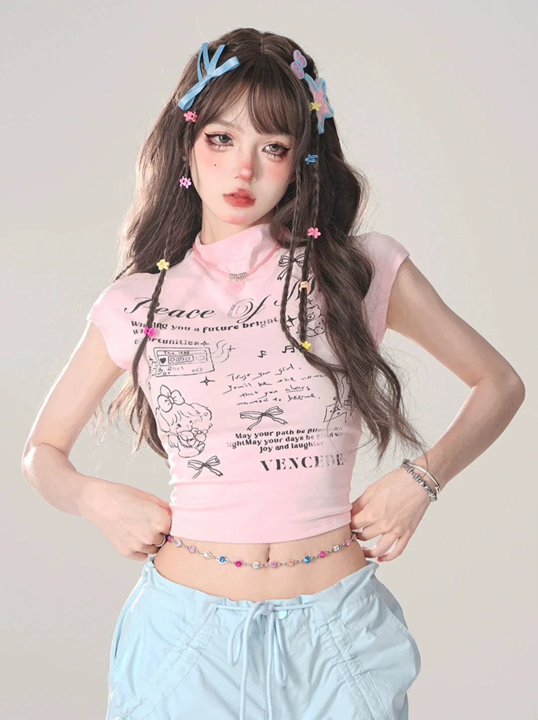 White Cropped Ribbon T-Shirt Backdropped Pink Pure