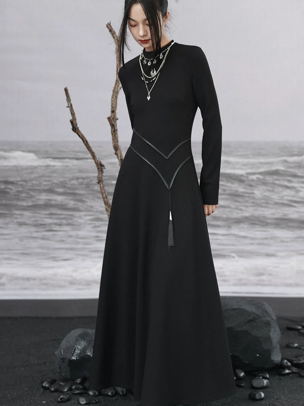 Retro Knit Leather Dress Asymmetrical China Tassel