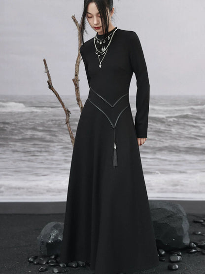 Retro Knit Leather Dress Asymmetrical China Tassel