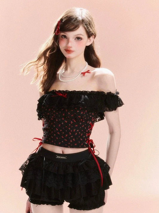 Off-Shoulder Top French Dark Rüschen Retro