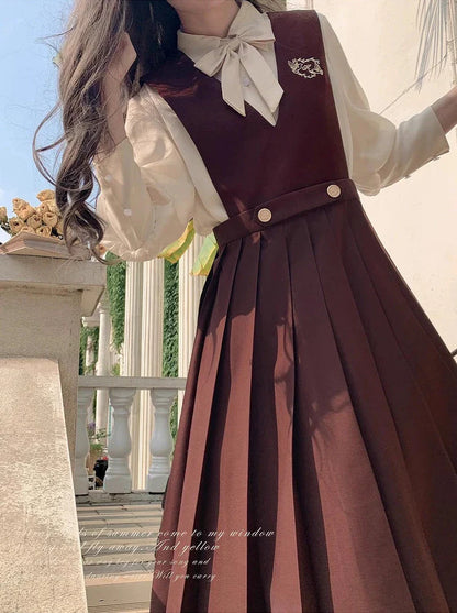 カレッジベストスカート シフォン + シャツスタイル クリームアクセサリー インナーリボン Vネック