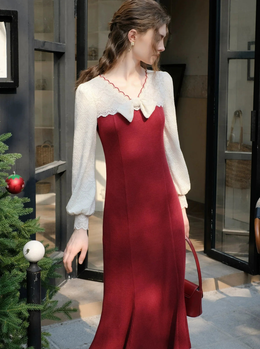 Robe en tricot de dentelle à ruban de sirène française cerise