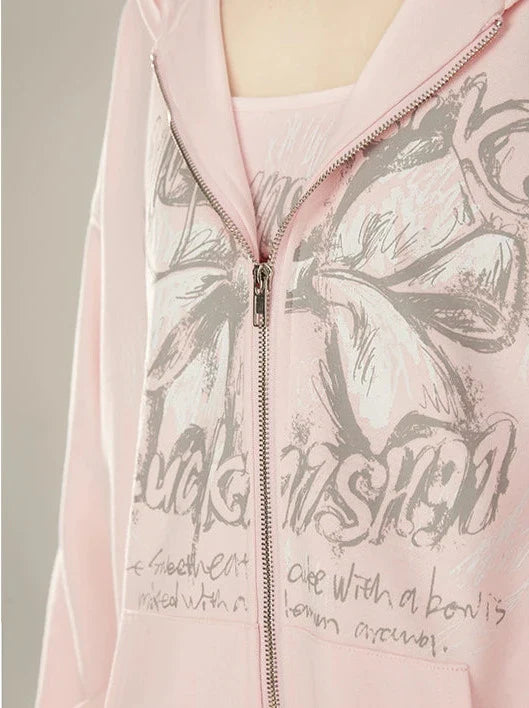 ジップガーリー+ルーズバタフライキャミソールパンツジャケットリボンスウェットシャツフード付きピンク