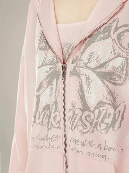 ジップガーリー+ルーズバタフライキャミソールパンツジャケットリボンスウェットシャツフード付きピンク