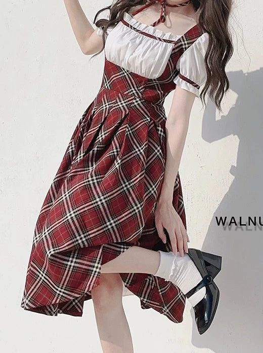 Ribbon Elegant Cake Puff Check Red Sleeve Vintage Raspberry Scottish + Dress Choker