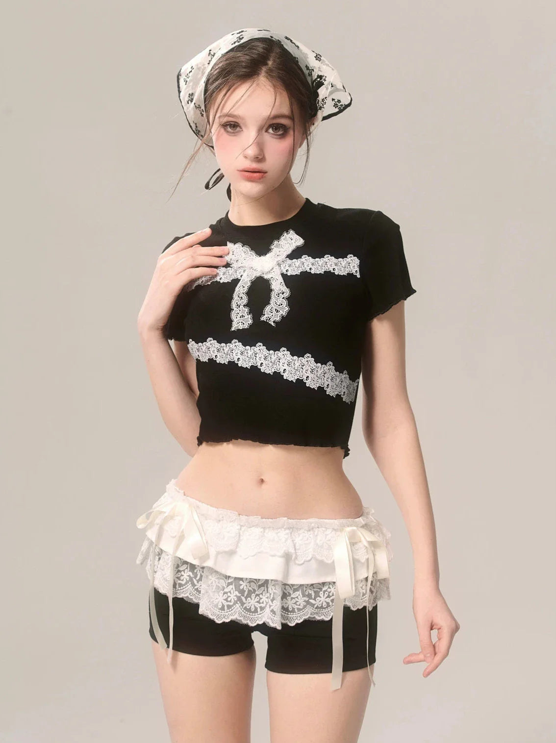 スリムレースTシャツ フリル ショートリボン