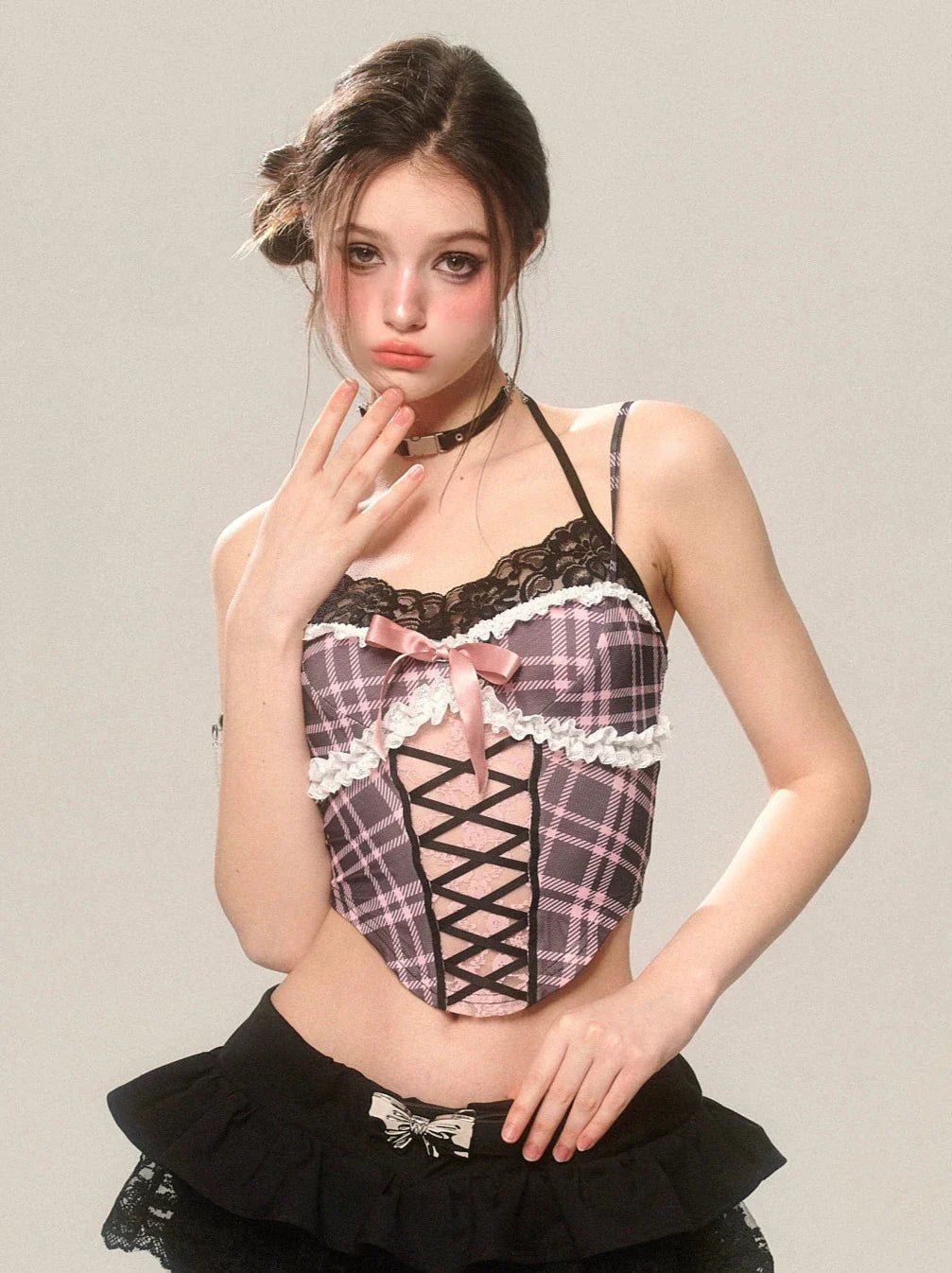 Spicy French Halter Strap Top Lace Cami Check Sweet