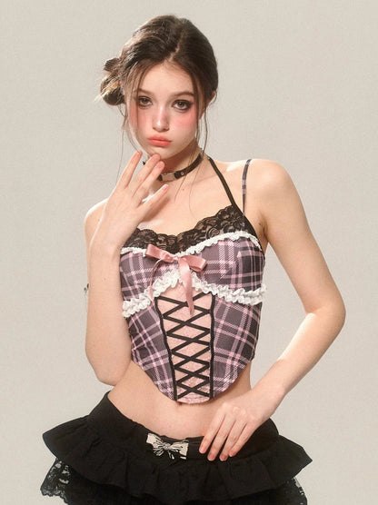 Spicy French Halter Strap Top Lace Cami Check Sweet