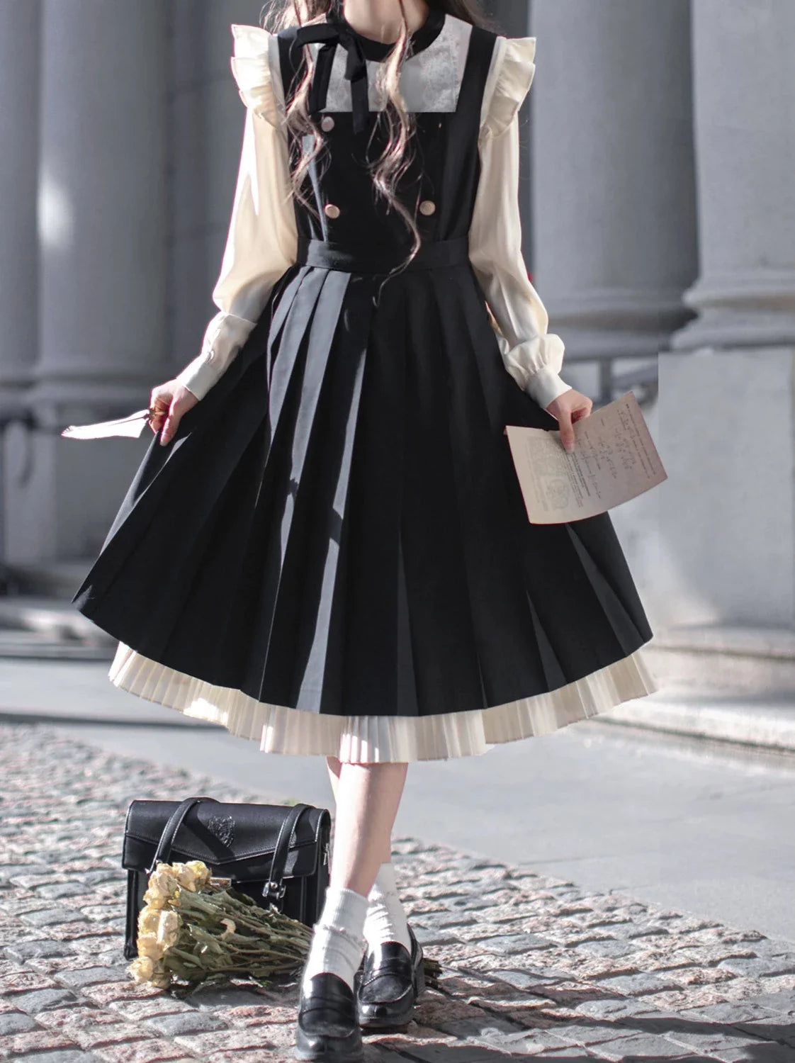 Retro Layered Suspender Dress + Lace College Ribbon + Accessories Shirt Pleated Shoulder Ruffle Elegant