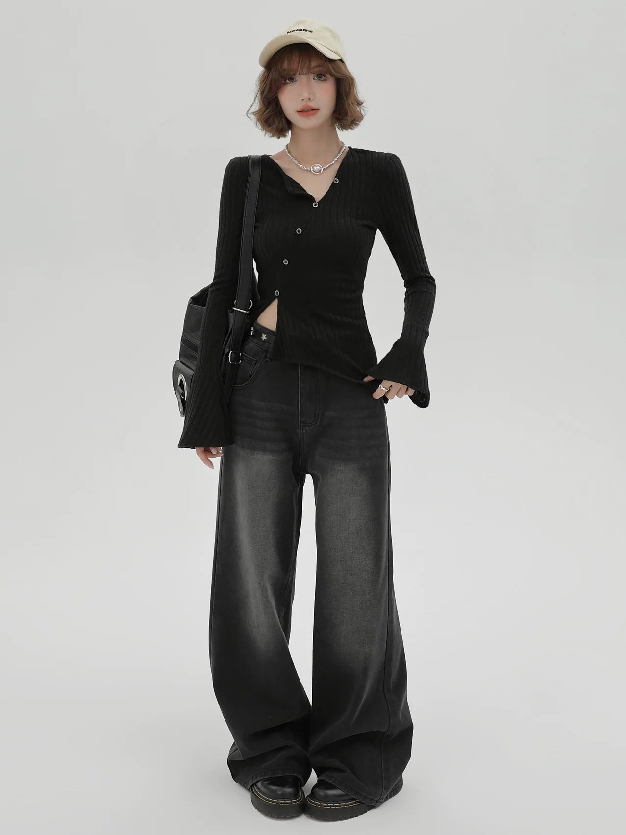 V-Knopf-Taille Slim Shirt Flaschenhals schräg