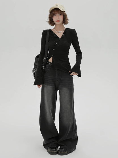 V-Knopf-Taille Slim Shirt Flaschenhals schräg