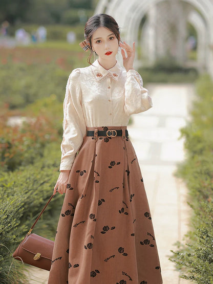 ロングブラウス＋フラワーレトロスカート