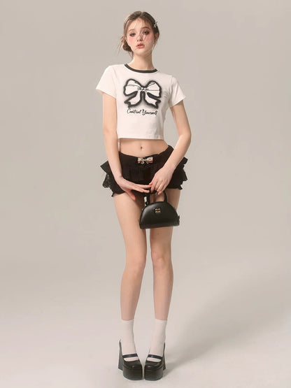 スリムプリントホワイトTシャツリボンショートパンツ