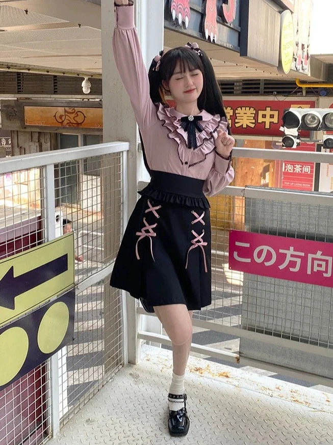 フリルスカートカラーブラウス+レースアップガーリー