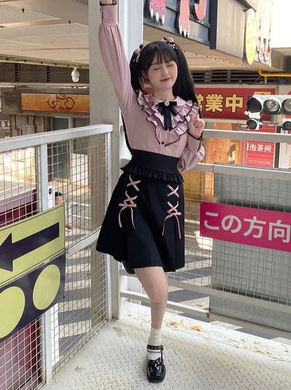 フリルスカートカラーブラウス+レースアップガーリー