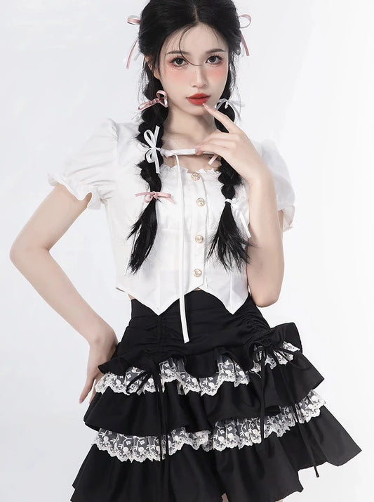 Rock, Oberteil, Ärmel, Rüschen + Puff Cake Bluse