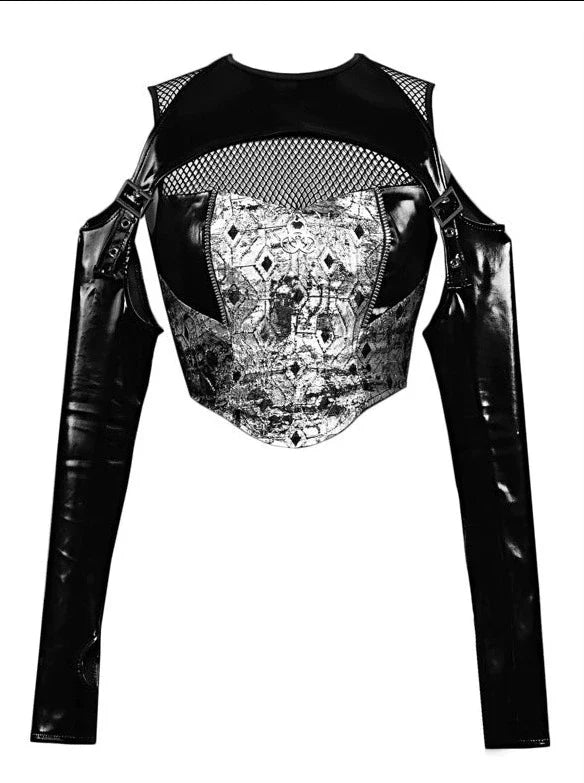 Two Top Mesh Piece Punk PU Liquid Suit Dark Slim