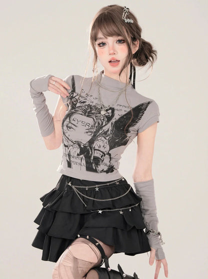 ショートタートルネック + スモールTシャツプリント グレー 地球儀イラストスリーブ