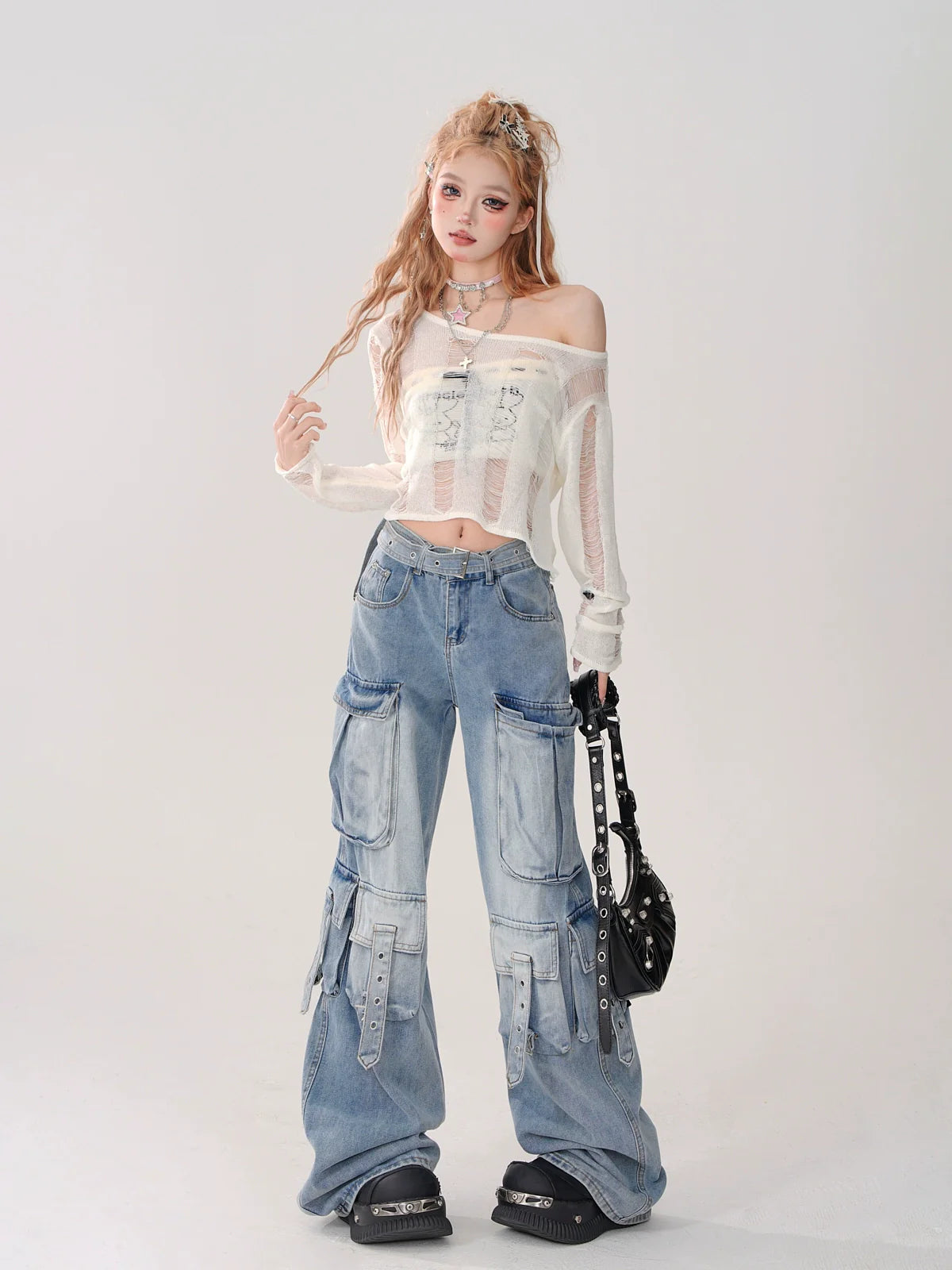 Kurzes Top zerrissen + gestrickt Off-Shoulder Schnürtop Rückenschlauch