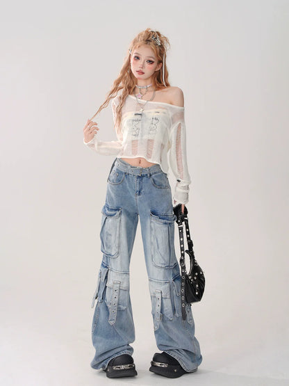 Kurzes Top zerrissen + gestrickt Off-Shoulder Schnürtop Rückenschlauch