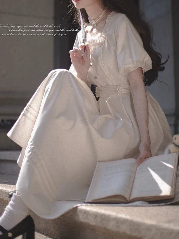 Satin Collar Square Apricot + Belt Retro Pearl Dress French