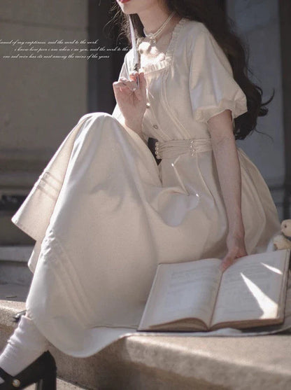 Satin Collar Square Apricot + Belt Retro Pearl Dress French