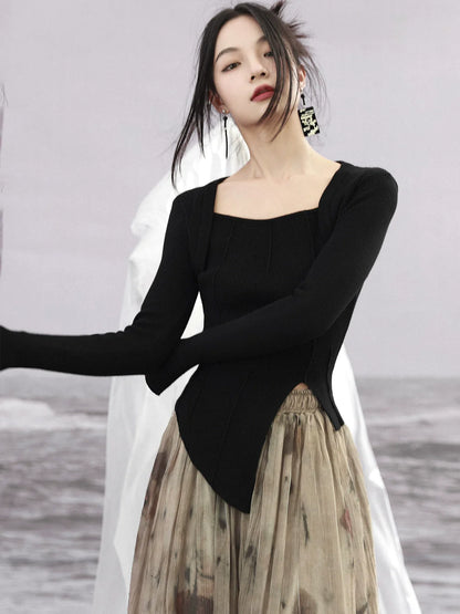 Bottle Slit Square Collar Tops