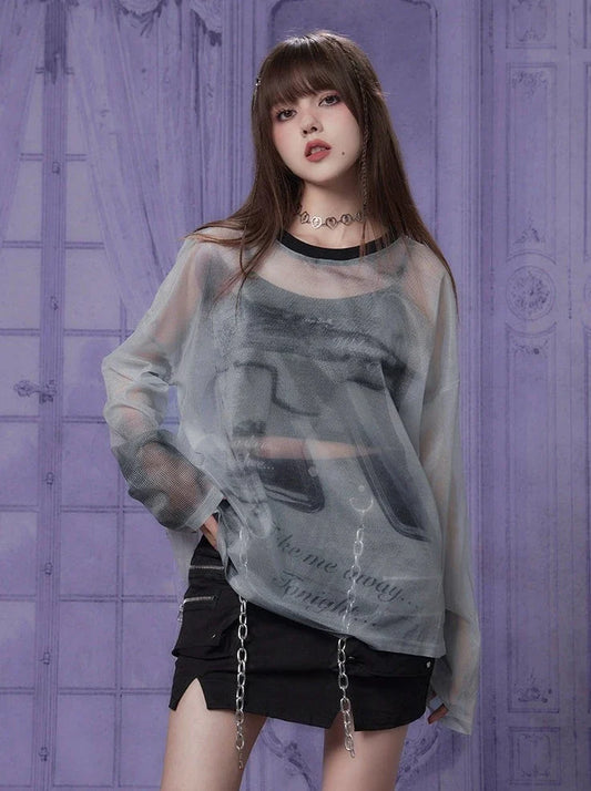 Transparenter Print Grau Top Mode Mesh