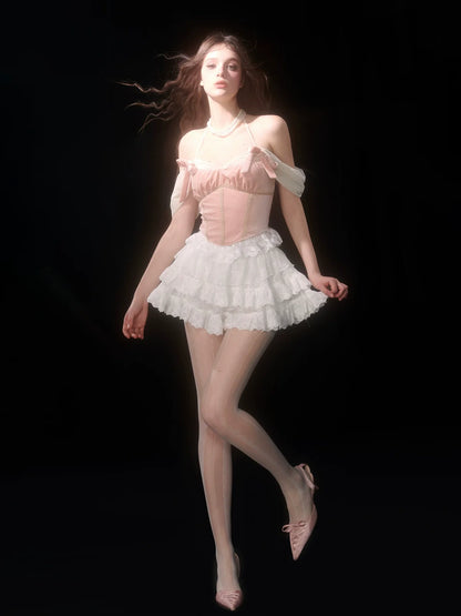 レースホワイトオフショルダーケーキスタイル+バレエスカートトップピンクベルベットストラップ
