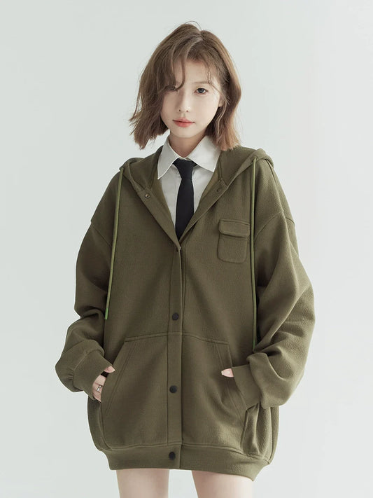 Pocket Hooded Hoodie Loose Casual Zip-Up