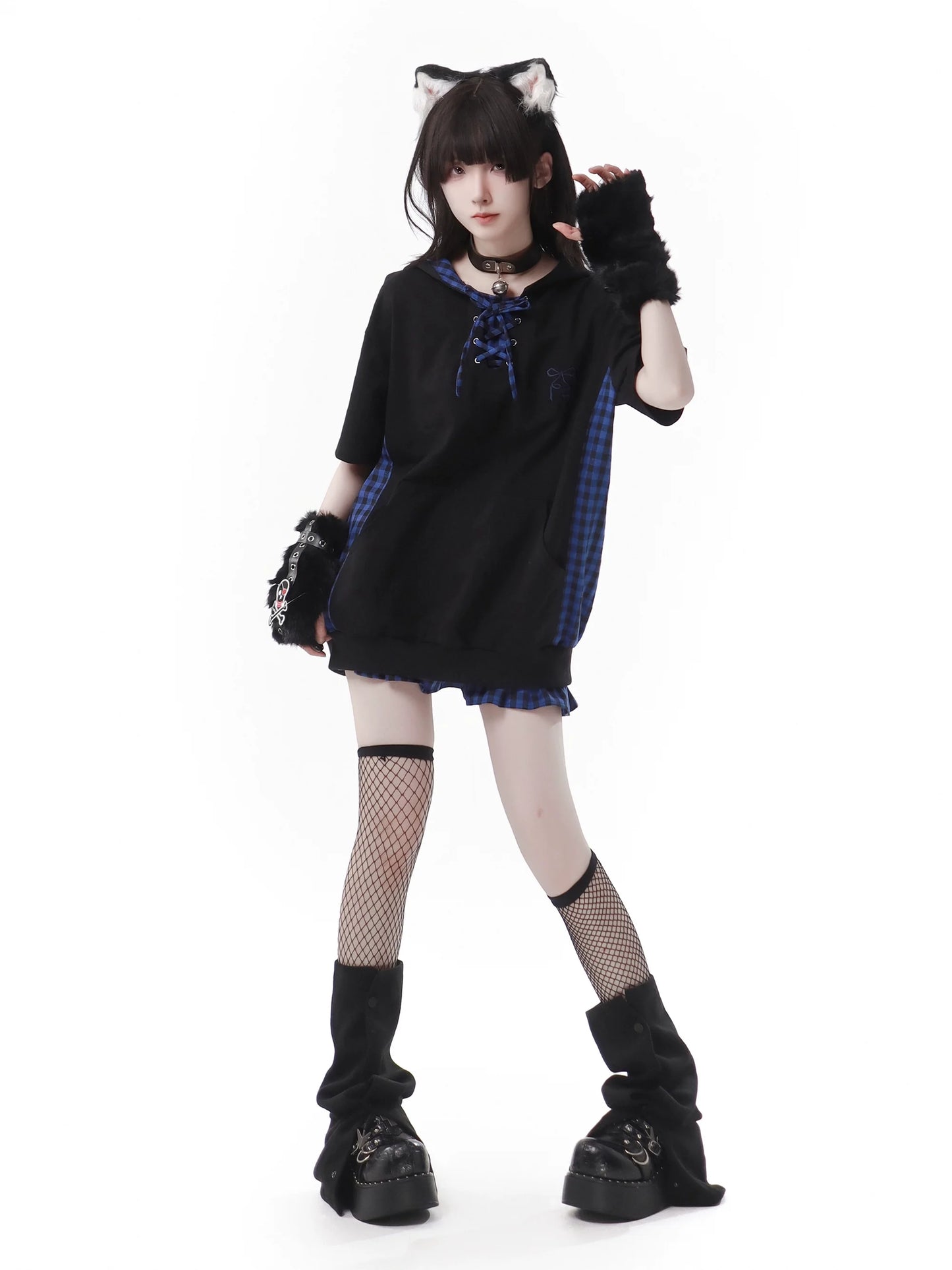 キャットブルーフィーディチェック耳デザインスーツサマーステッチストラップ