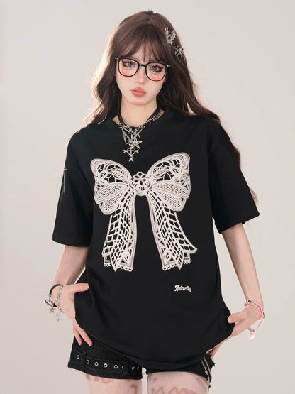 Lace Black Ribbon Loose T-Shirt