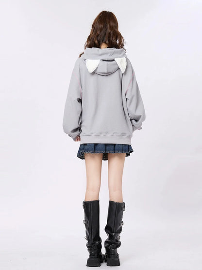 Zip-Up Hood Retro Ribbon Hoodie Ear Cat