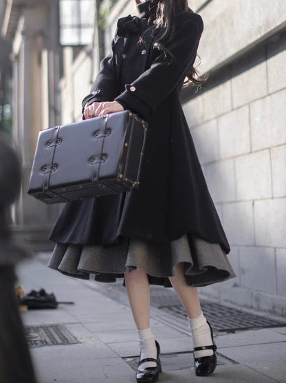 スタンドダブルブレストリボンレトロウールコートカラーエレガント