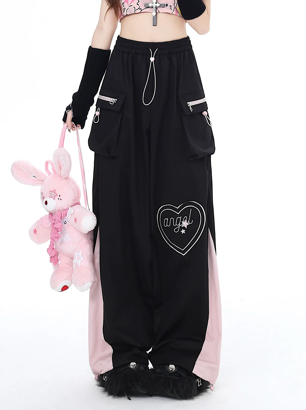 Drawstring Contrast Love Pants Color Cargo