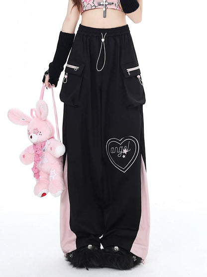 Drawstring Contrast Love Pants Color Cargo