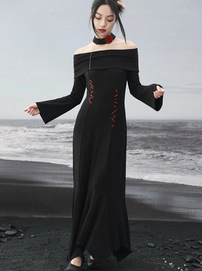 Off-the-shoulder Slim Slim Dark Draped Dress