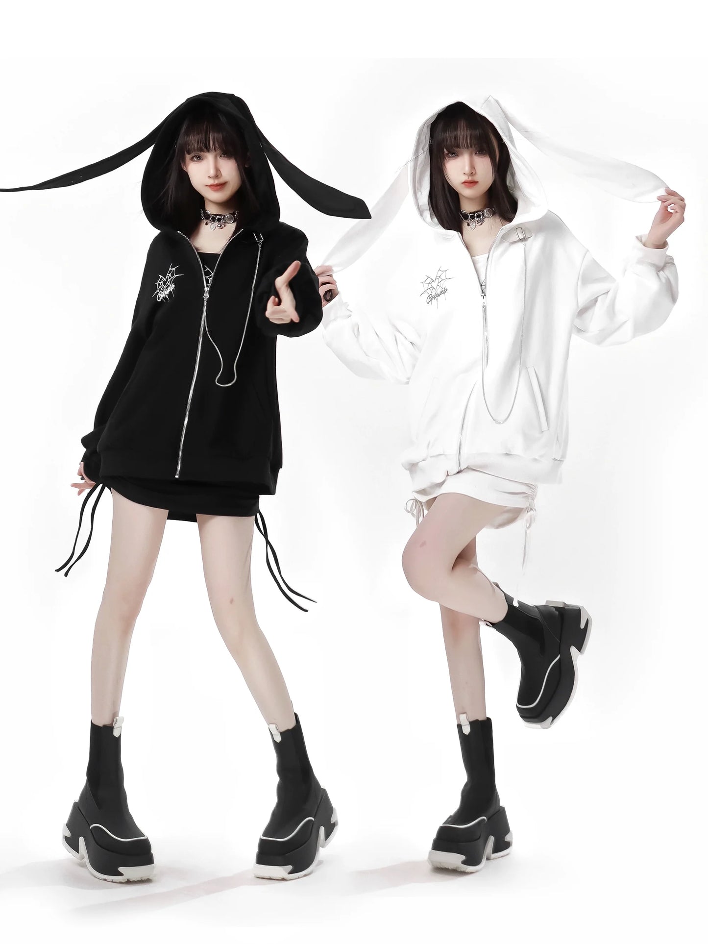 Spider Chain Slim Strap Hoodie Web Rabbit Ear