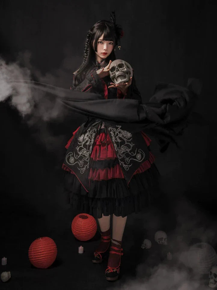 チャイナロリータゴゴシックケープ+ロングジャケット+キャミソール+スカート+ウエストバンド