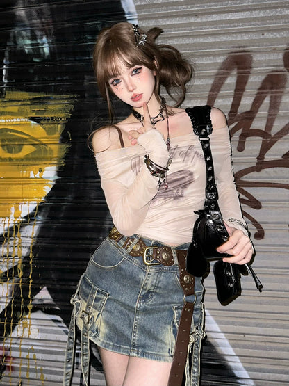 ポケットデニムレトロブルーカーフスカートOsh