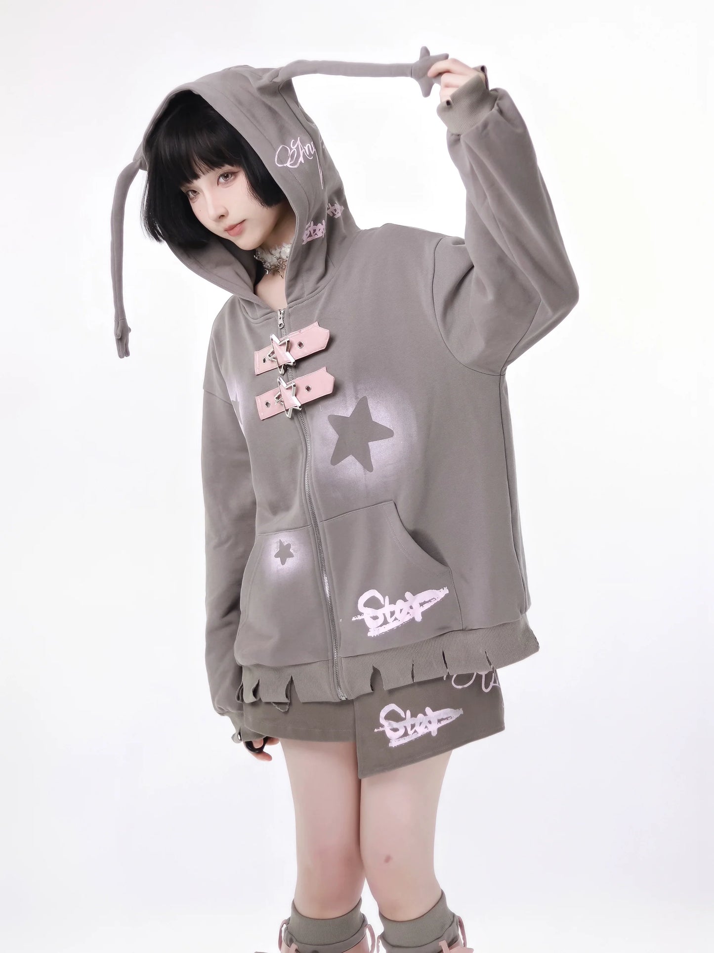 スターアメリカンプリント ルーズジップパーカー + イレギュラースカート + レッグウォーマー