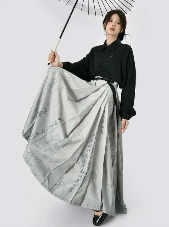 Langes schwarz-graues Hemd, China-Rock-Print + Retro