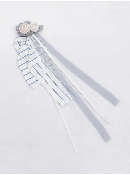 レースハンドメイドスリーブパフシースルーシャツフリルストライプショルダーフェアリー+ドレスインナーコサージュ