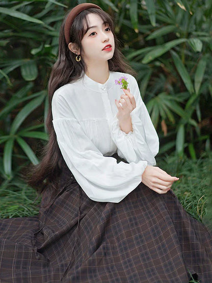 ピュア+スカート ホワイト レースアップ チャックブラウス