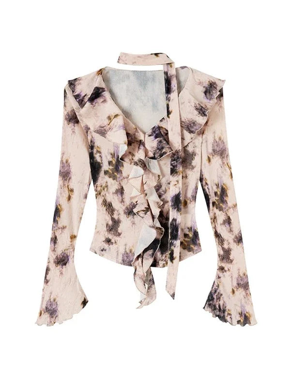 Nischen-Top mit V-Ausschnitt und Rüschendesign