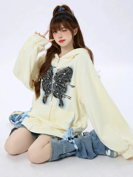 Jacket Hooded Loose Butterfly Sweatshirt Ribbon