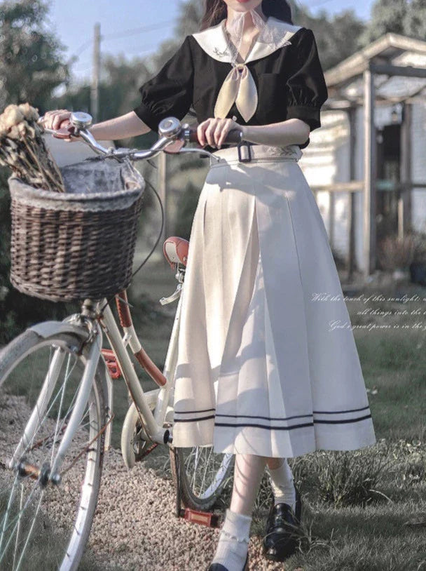 Hemd Elegante Boxärmel + Ohr Französischer Seemann Hase Retro Krawatte Puffkragen Faltenrock