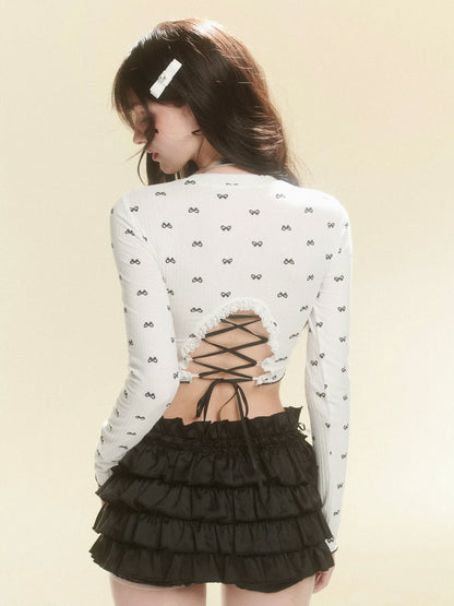 レースアップリボンスリムバッグトップ