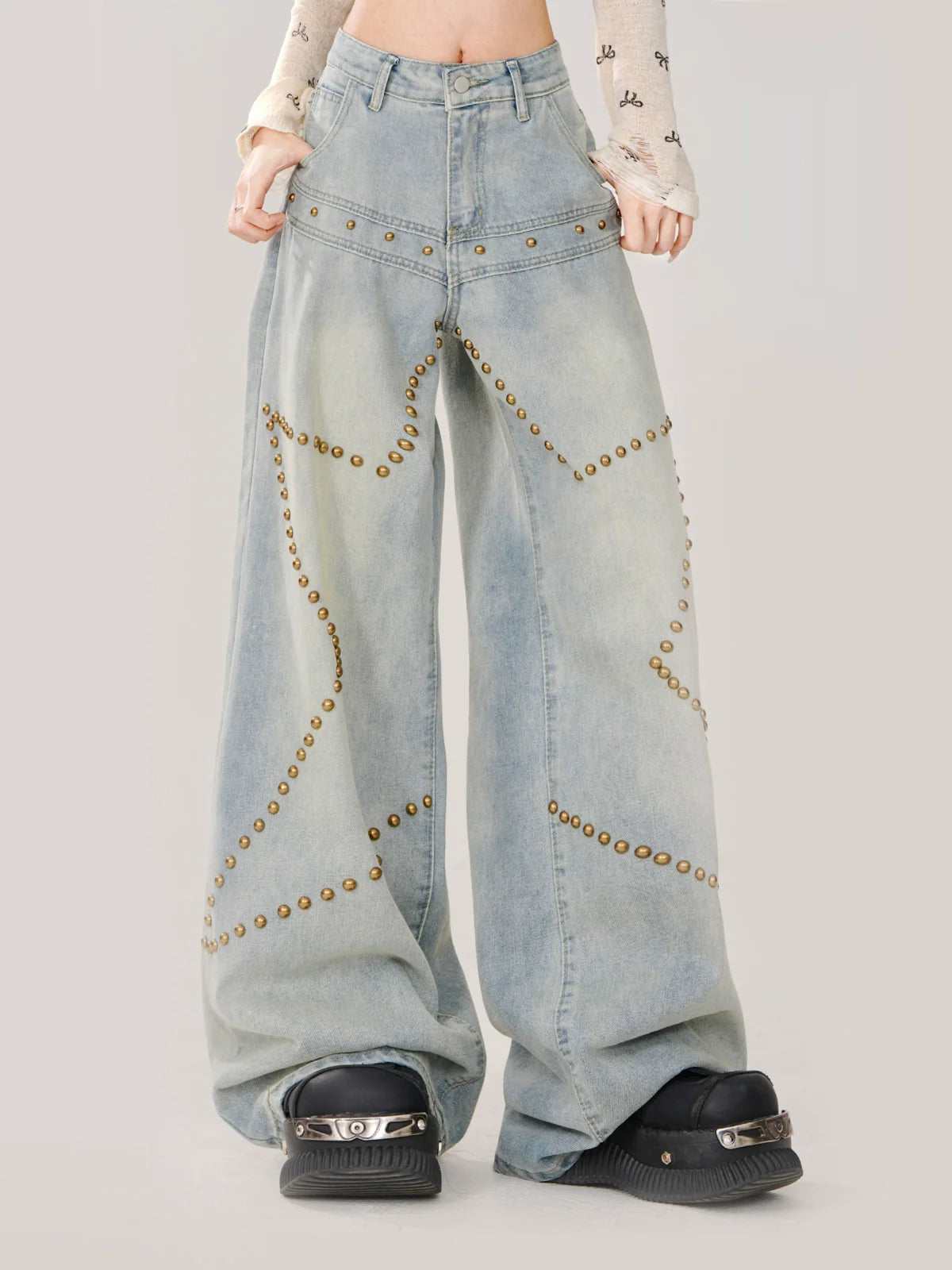 Waist Denim High Blue Sheer Pants Studded Star