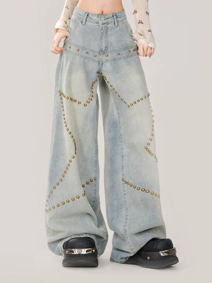 Waist Denim High Blue Sheer Pants Studded Star